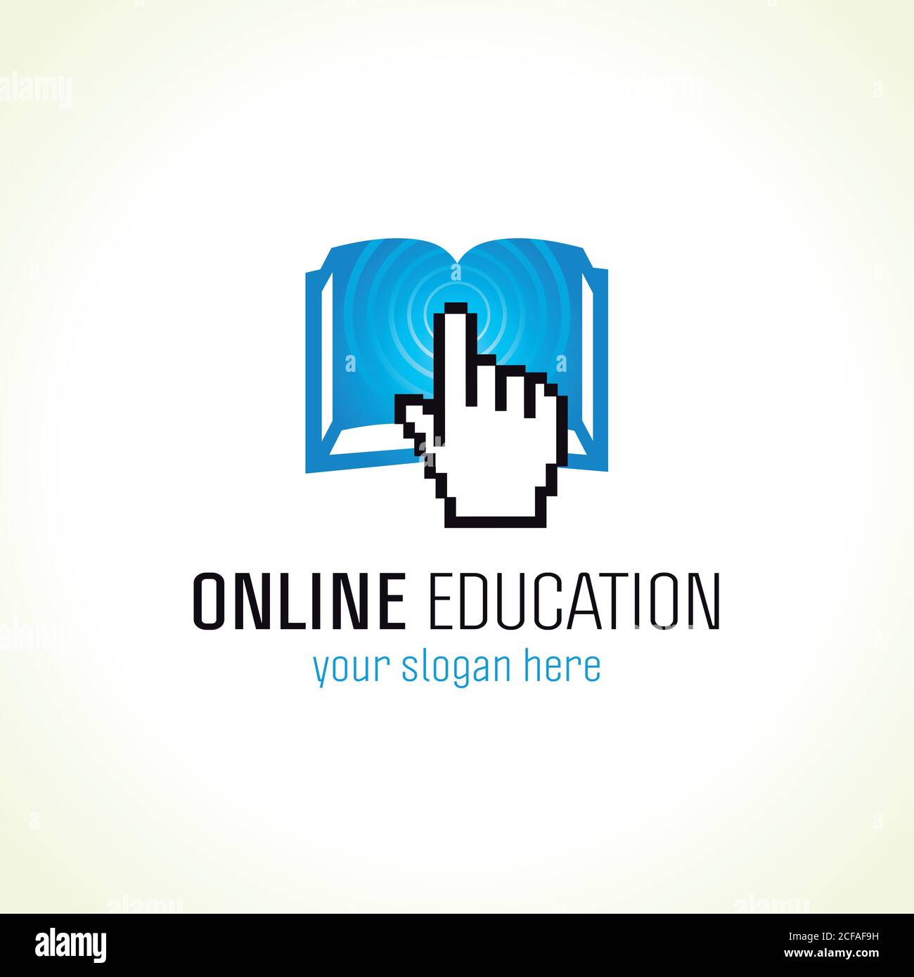 Online-Bildung Vektor-Logo mit Pixel-Hand, offenes Buch und Radiowellen. Schild für die Internetschule. E book- oder E reader-Computer-Einstellungen oder Smartphone-App Stock Vektor