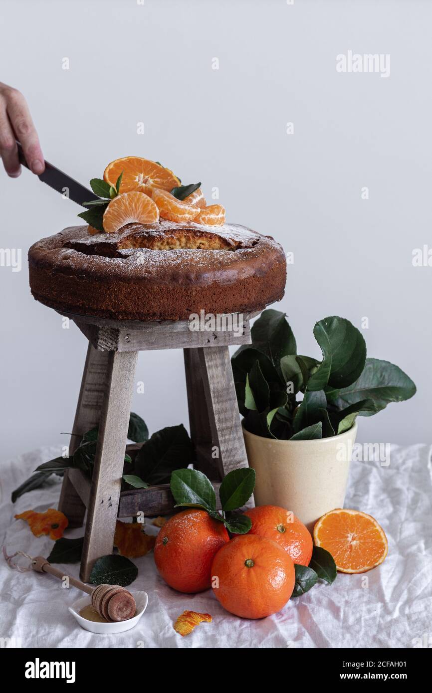 Crop anonyme Person Gießen Zucker Pulver mit Metall runden Tee Sieb über frischen appetitlichen Kuchen auf Holzhocker umgeben von Orange reife Mandarine und grüne Pflanze im Topf Stockfoto