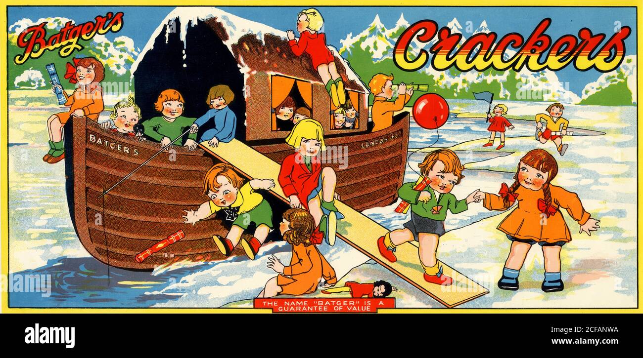 Kinder auf Boot als Werbung für Cracker Stockfoto