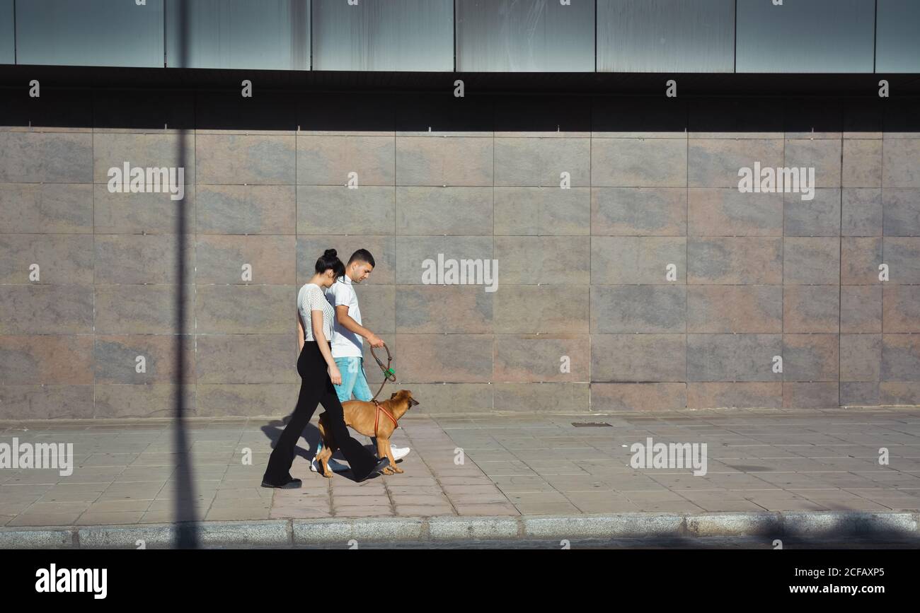 Pärchen, die mit ihrem Hund durch die Straßen laufen und spielen Der Stadt Stockfoto