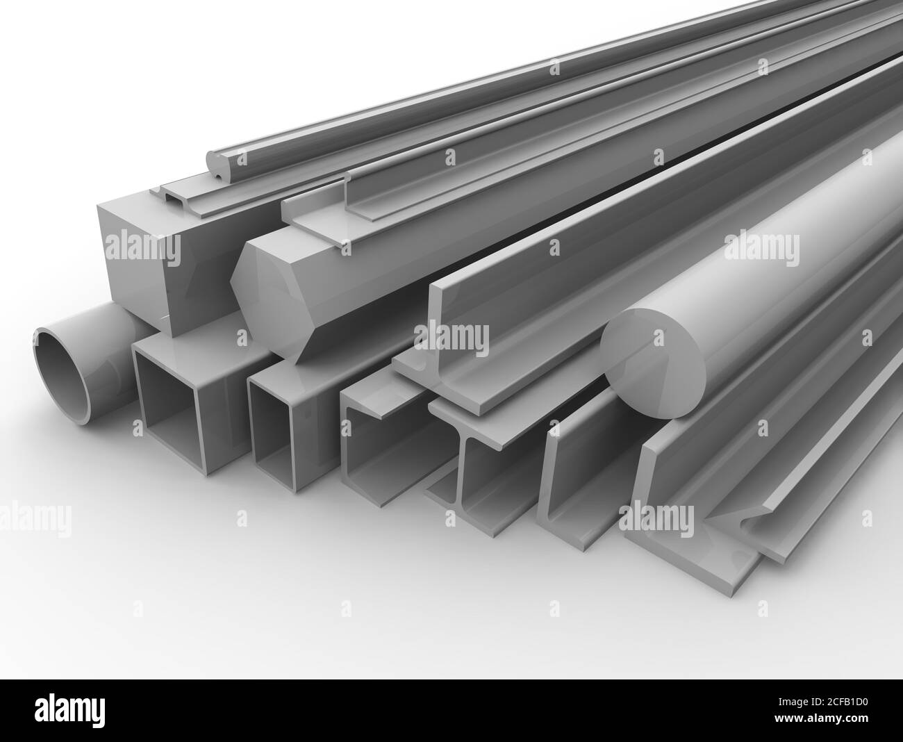 Gewalzte Metallprodukte. Verschiedene Metallprodukte liegen auf einer weißen Oberfläche. 3D-Illustration. Isoliert Stockfoto