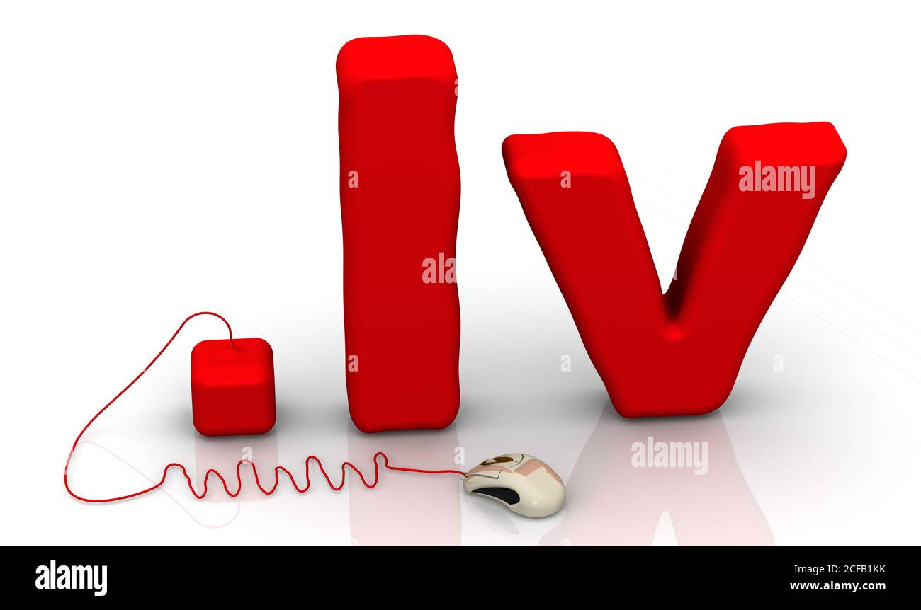 Lettland Domain .lv. Domainname .lv und WWW Abkürzung aus rotem Kabel, das mit einer Computermaus auf weißem Hintergrund verbunden ist. 3D-Illustration Stockfoto