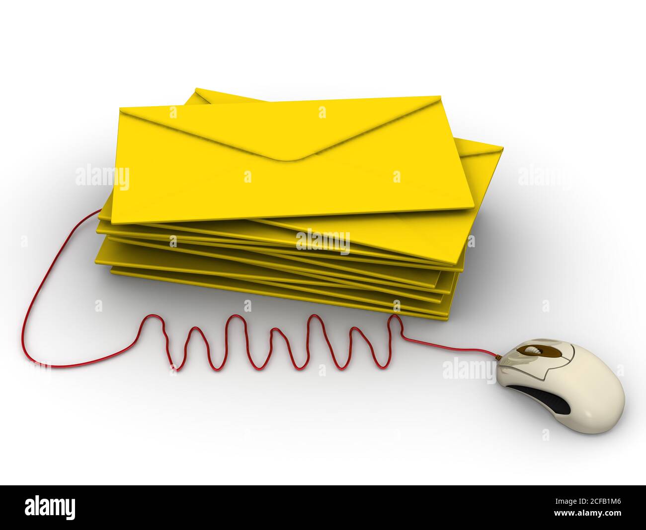 E-Mail. Stapel von gelben Umschlägen und WWW-Abkürzung an Computer-Maus auf weißem Hintergrund angeschlossen. 3D-Illustration Stockfoto