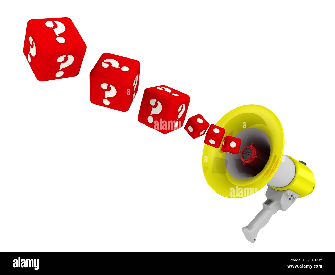 Megaphon und Würfel mit Fragen. Rote Würfel mit Fragezeichen fliegen aus dem Megaphon. Isoliert. 3D-Illustration Stockfoto