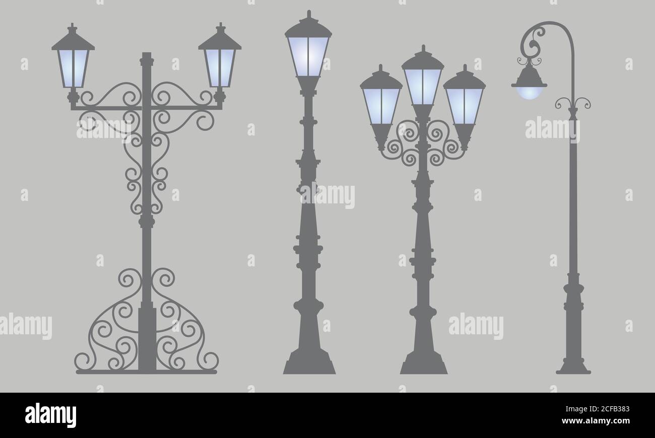 Kollektion Straßenlampen, isolierter grauer Hintergrund. Gemustert geschmiedete Straßenlaternen. Stock Vektor