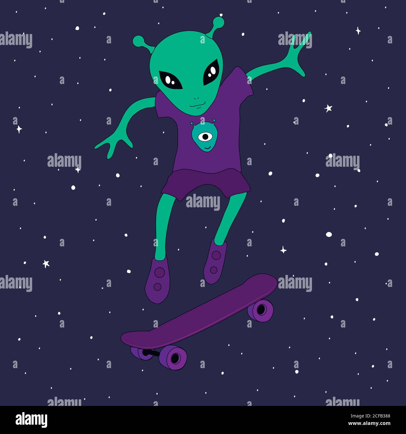 Lustige Aliens auf Skateboard. Stock Vektor