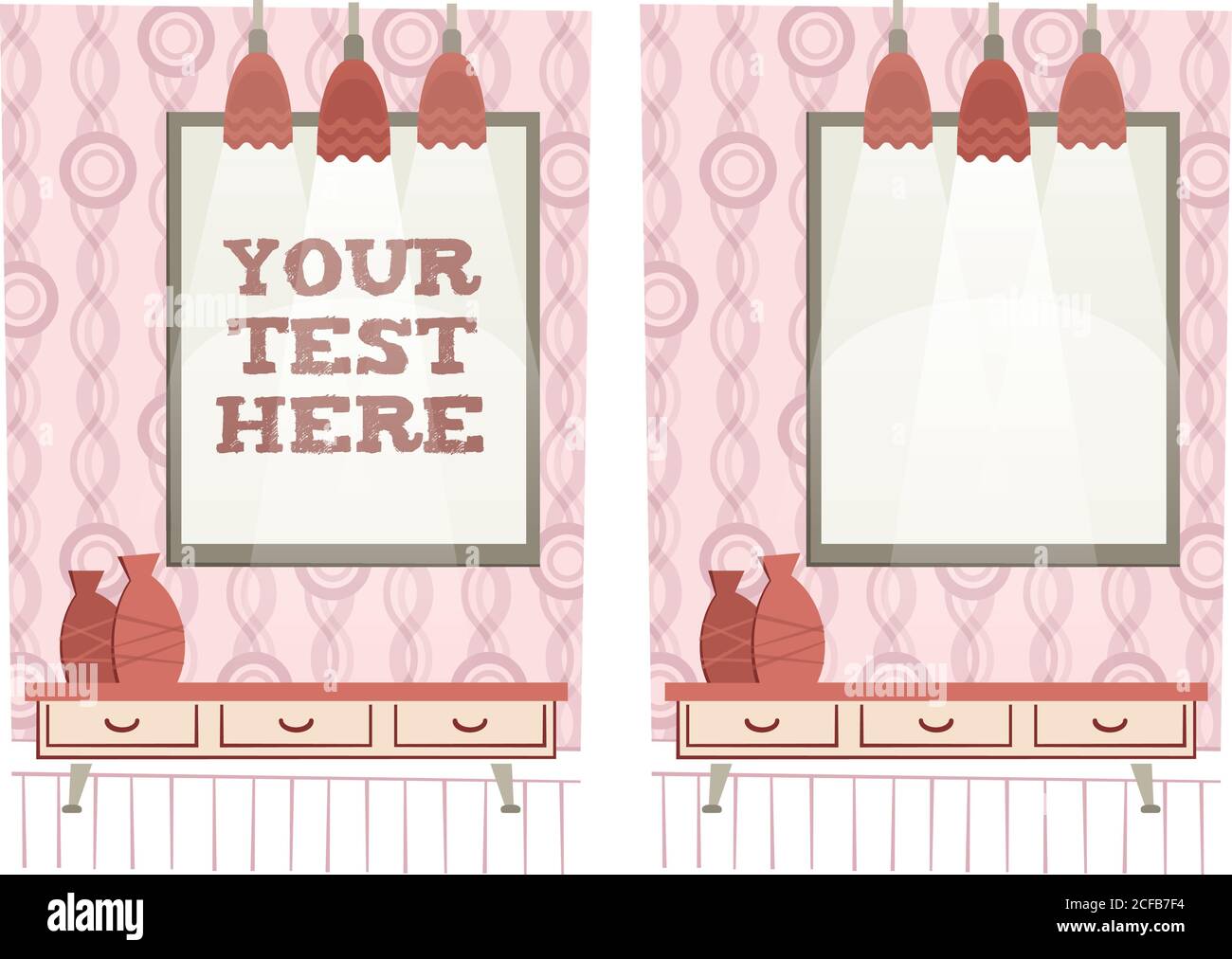 Retro-Stil Illustration von verschiedenen Möbeln in einem Wohnzimmer. An der Wand befindet sich ein Bild, in das Sie einen Text einfügen können. Stock Vektor