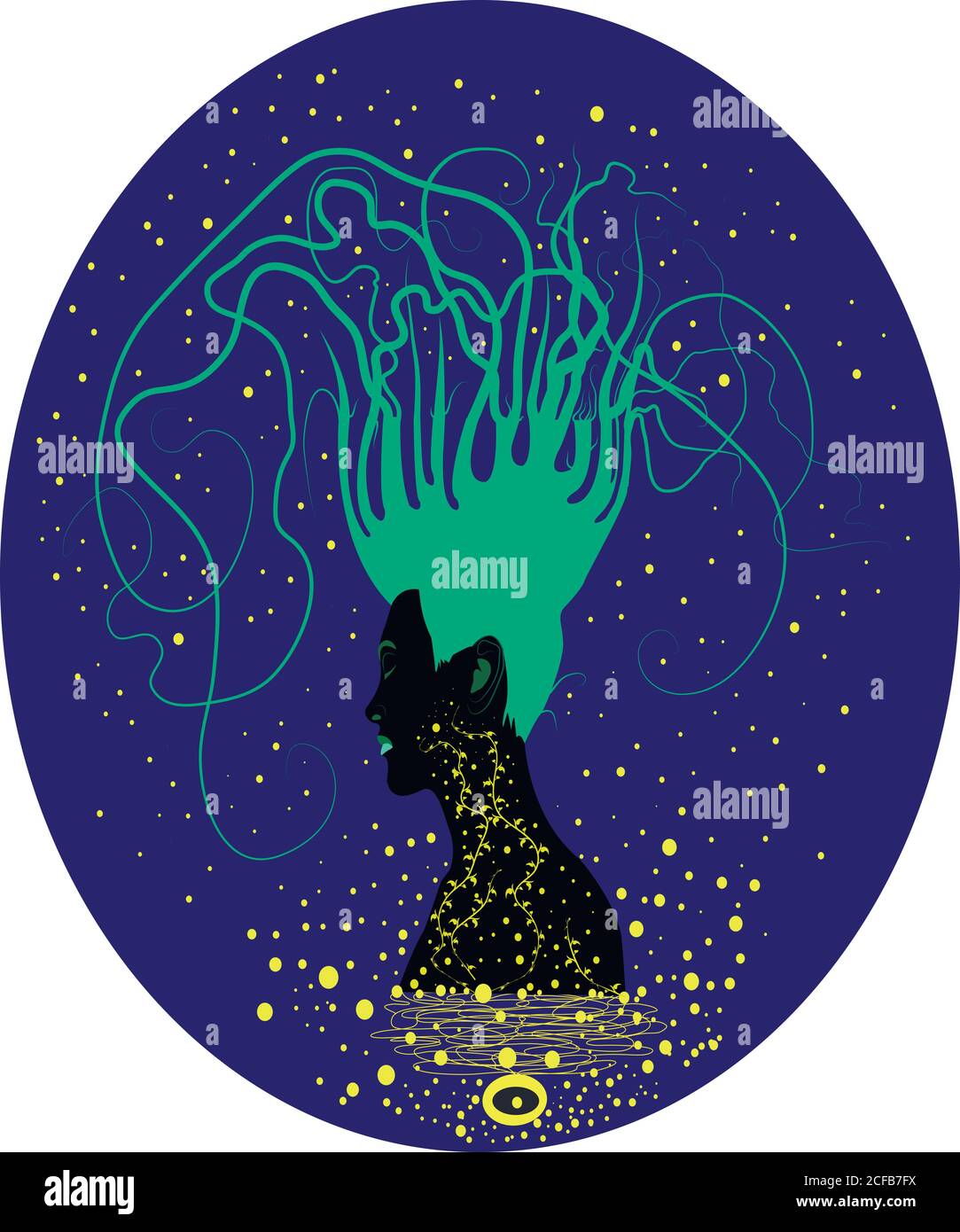 Silhouette eines Mädchens mit Haaren in Form von Zweige türkis Stock Vektor