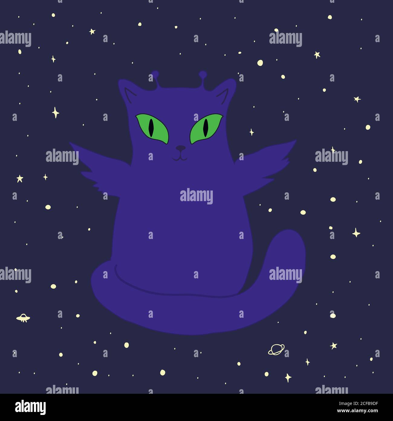 Lustige Raum Alien Katze mit Flügeln, große Augen, Antenne, grün, isoliert. Stock Vektor