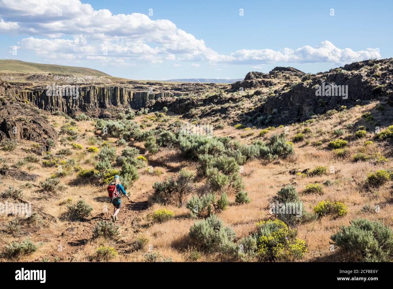 Eine Frau, die auf einem Wanderweg mit einem Klettersteig unterwegs ist Harness und Tragen eines Rucksacks in der Nähe der Franzosen Coulee auf den Weg Echo Basin in Eastern Washingto Stockfoto