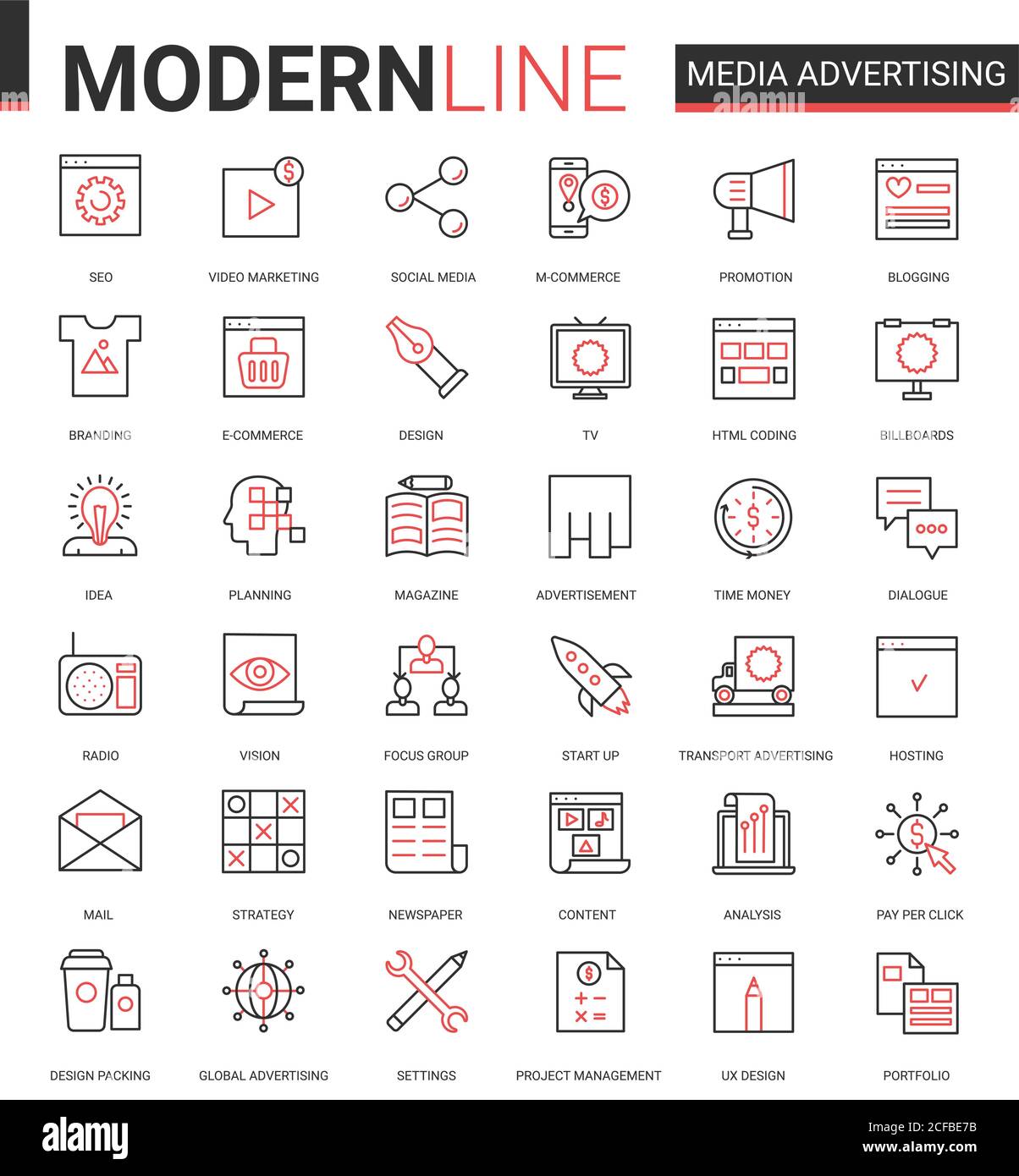 Medien Werbung flache Symbol Vektor Illustration Set. Rot schwarz dünne Linie Sammlung von skizzenhaften Infografik Piktogramm Symbole für mobile Apps mit Marketing-Strategie Forschung, Förderung in sozialen Medien Stock Vektor