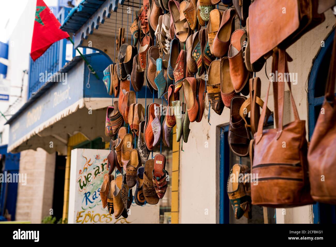 Handgemachte Lederwaren Shop in Marokko Stockfoto