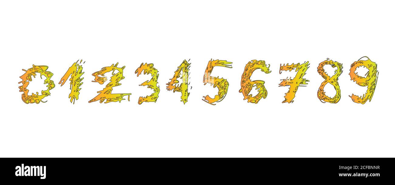 Handgezeichnetes Set helle, bunte Zahlen von Null bis neun, carto Stock Vektor