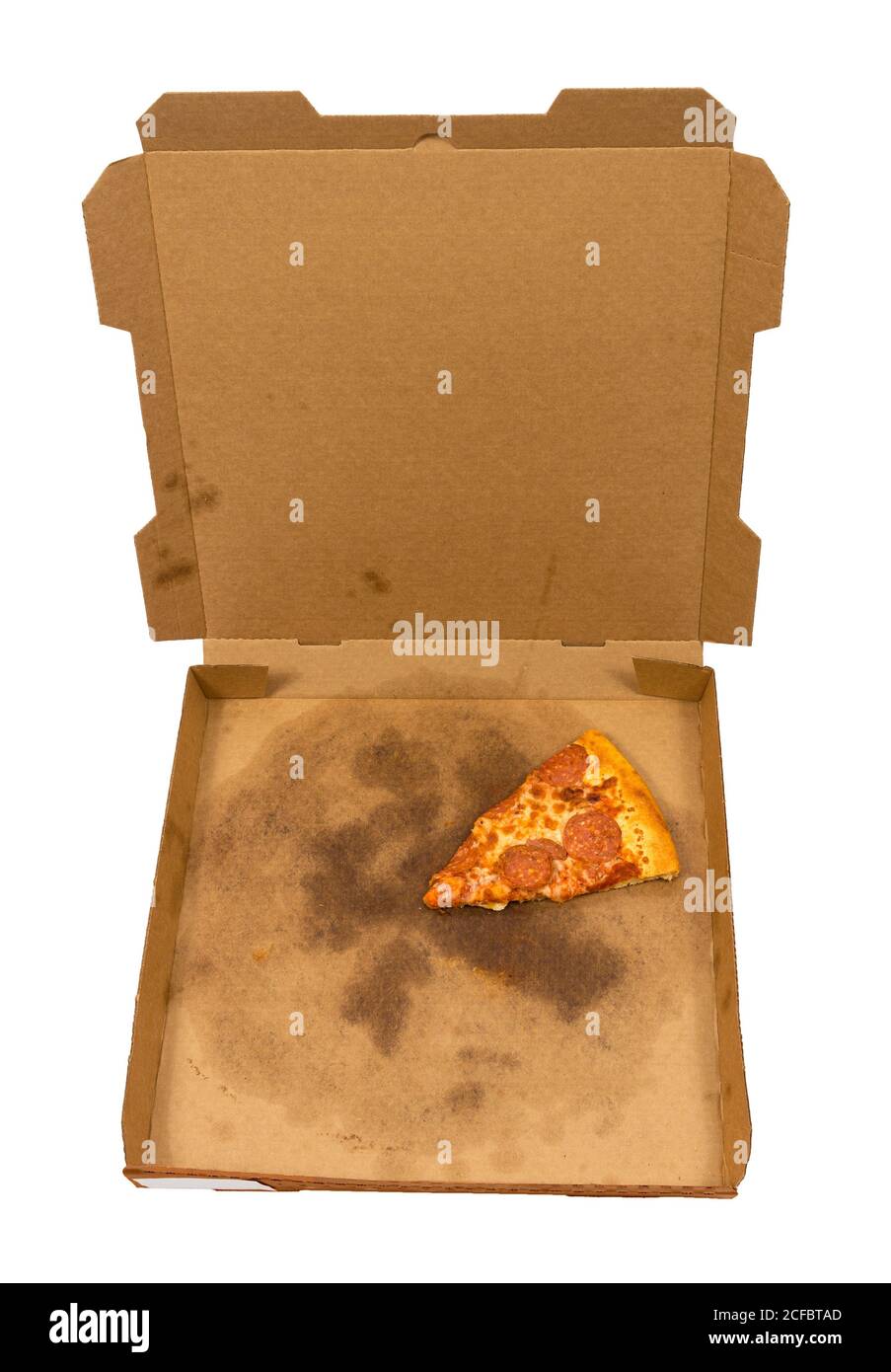 Vertikale Überkopfaufnahme der letzten Scheibe Pepperoni Pizza Im Lieferkarton belassen, isoliert auf weißem Hintergrund Stockfoto