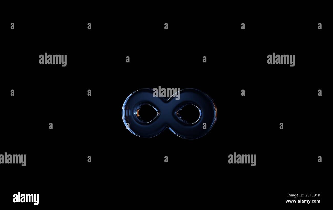 3d-Rendering-Glas-Symbol der Unendlichkeit auf schwarz isoliert Hintergrund mit hellblauer und orangefarbener Reflexion Stockfoto