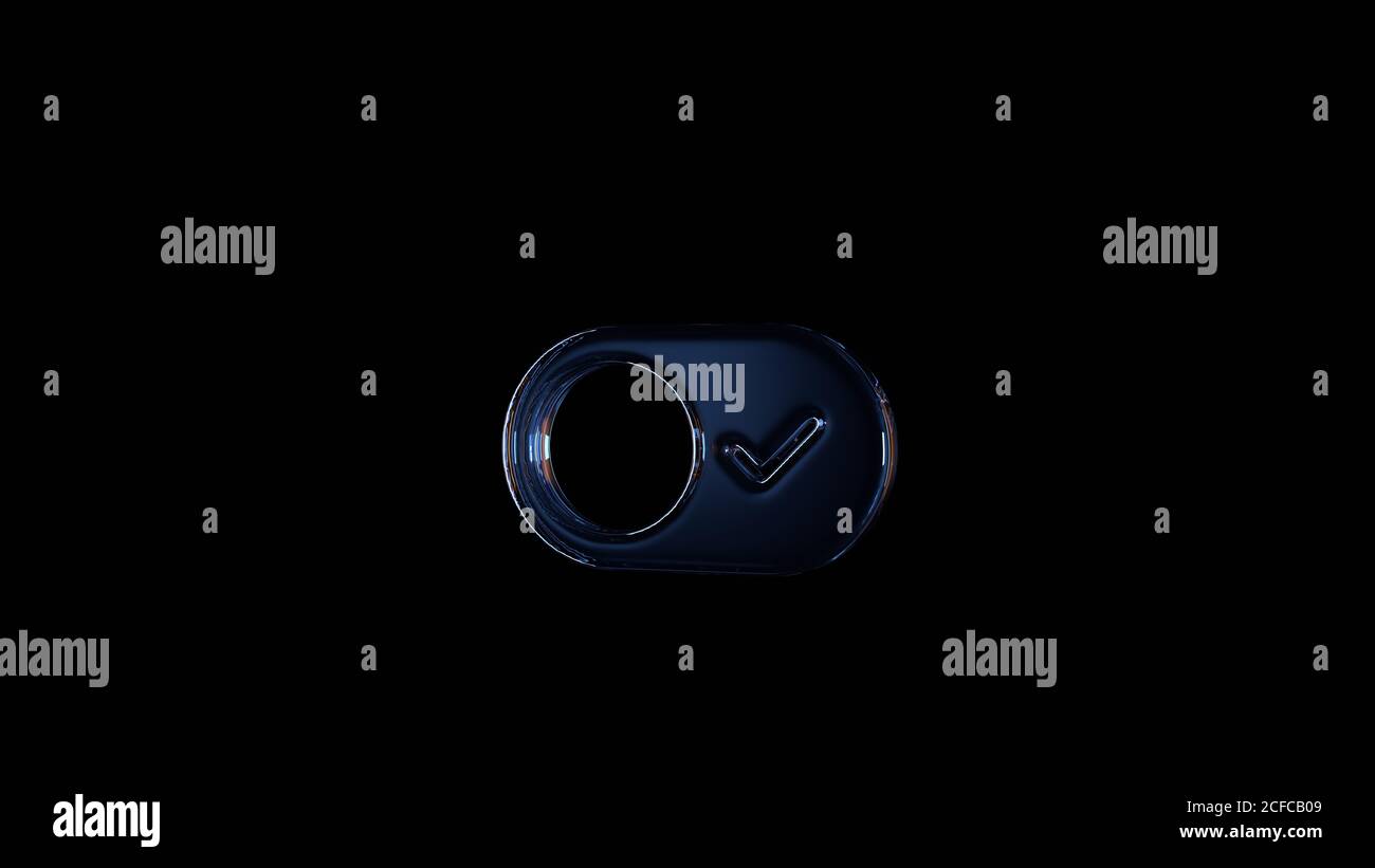 3d-Rendering-Glas-Symbol der Schaltertaste mit Häkchen Isoliert auf schwarzem Hintergrund mit hellblauer und orangefarbener Reflexion Stockfoto