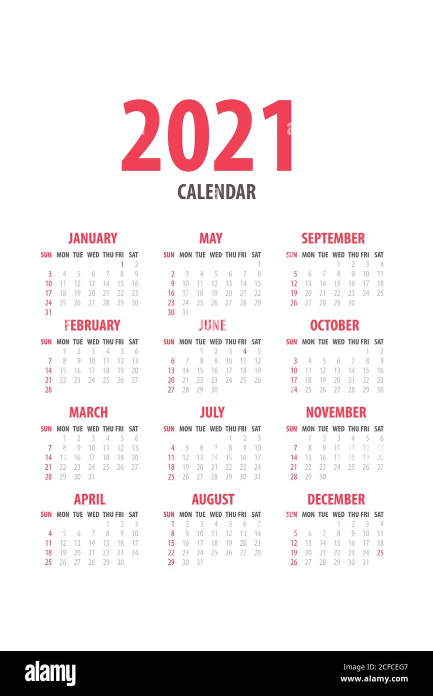 2021 Monatskalender Vorlage isoliert weiße Farbe Stock Vektor