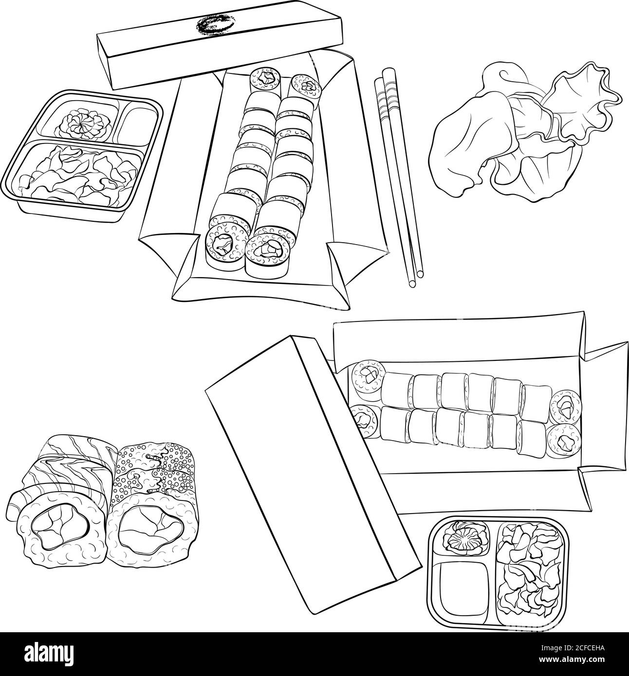 Sushi Maki in einer Box zu gehen. Traditionelle japanische Küche. Sushi Set Objekte, Essstäbchen, Wasabi, Ingwer, Soja. Vektorgrafik für Linien isoliert auf weißem Hintergrund. Malbuch Stock Vektor