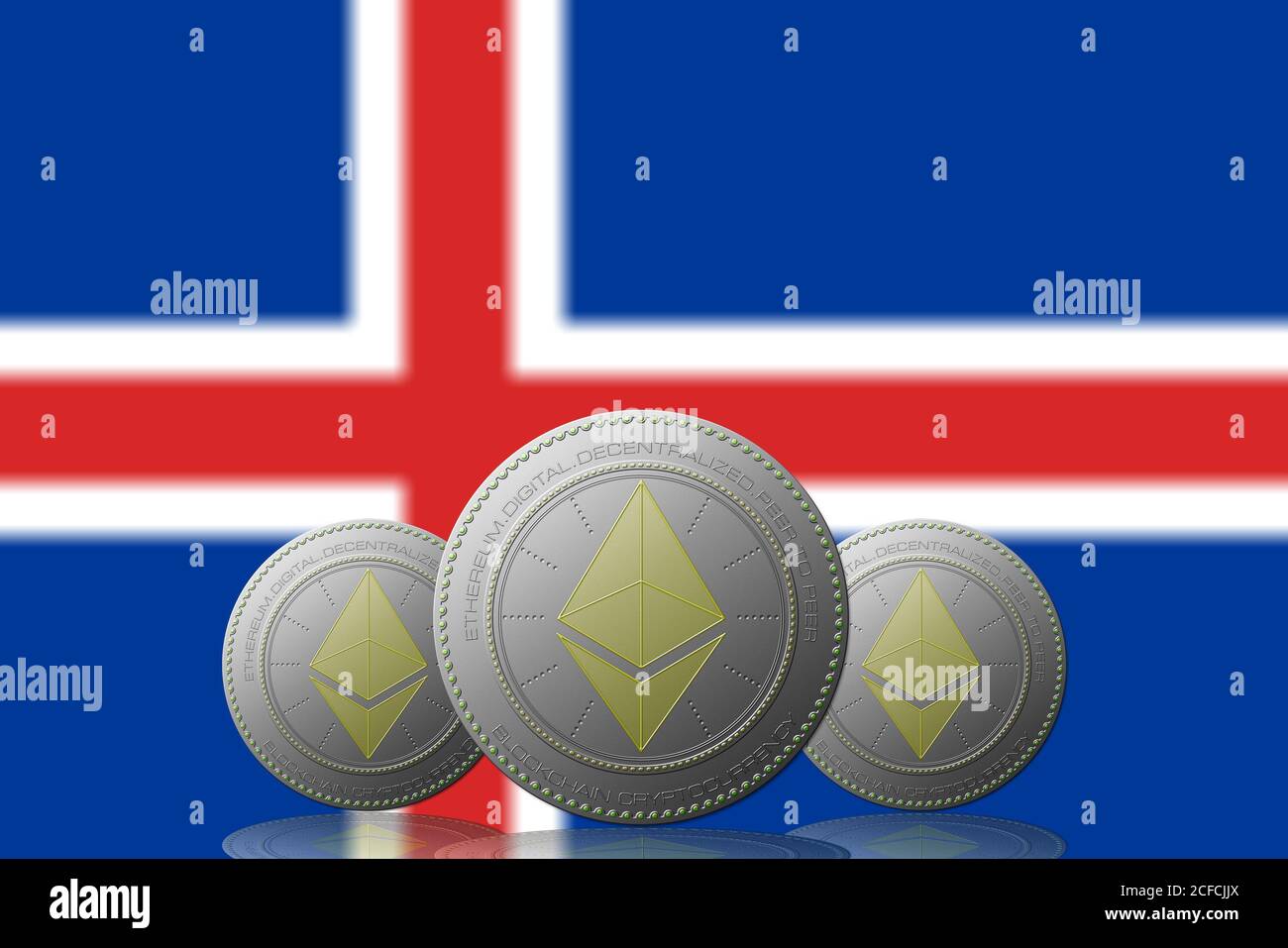 3D ILLUSTRATION drei ETHEREUM Kryptowährung mit Island Flagge im Hintergrund. Stockfoto