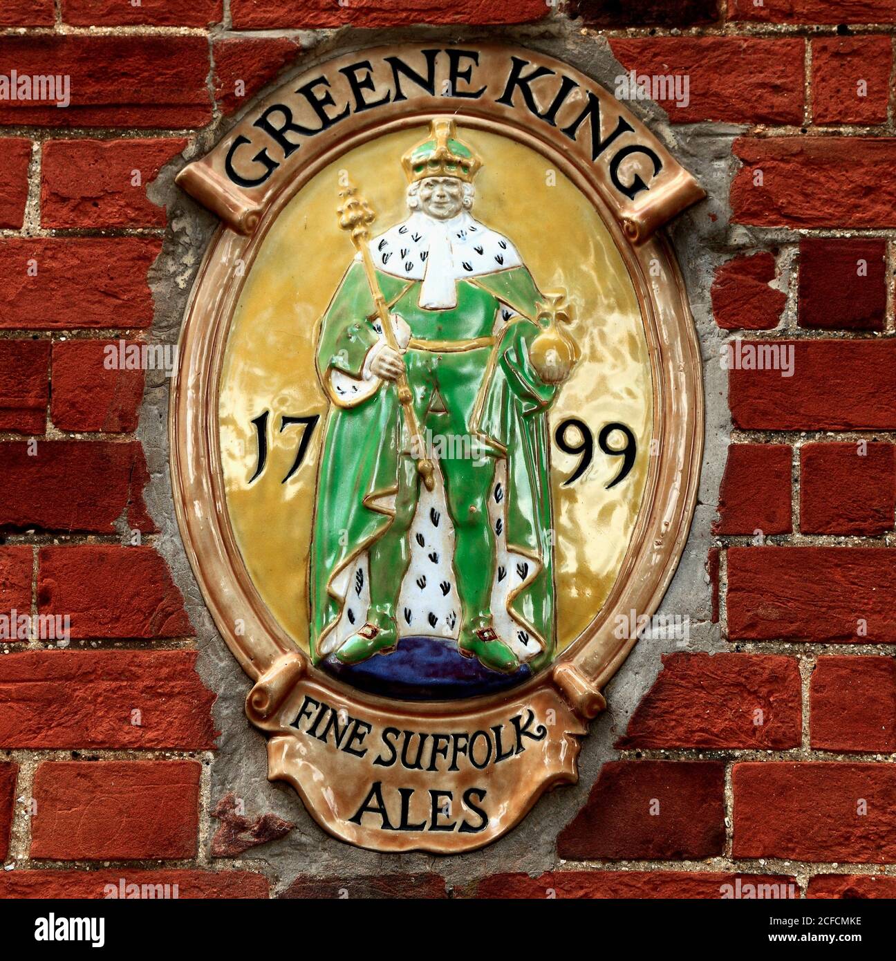 Greene King, of Bury St. Edmunds, Brauerei, Plaque, Pub Wall, Biere, feine Suffolk Ales Stockfoto
