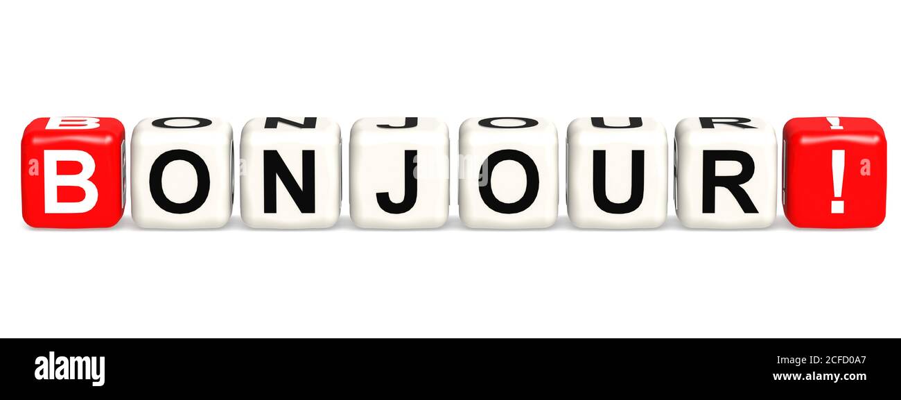 Bonjour Würfel Kreuzworträtsel auf weißem Hintergrund, 3D-Rendering Stockfoto