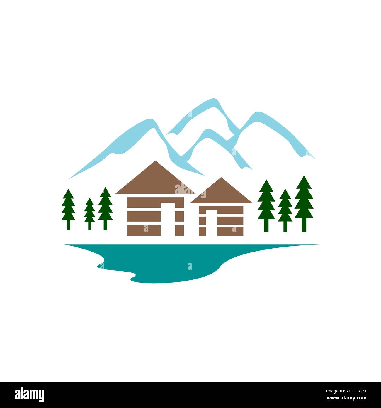 Hütte im Wald Logo Design mit Berg und Baum Vektorgrafiken Stock Vektor