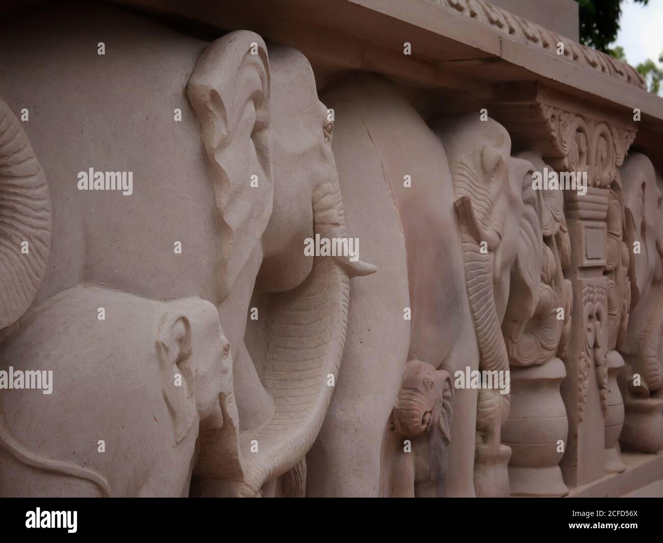 Logo des indischen Ashok Chakra mit Löwenkapitale an der Wand des buddhistischen Tempels mit selektivem Fokus. Schöne Architektur von Elefanten und Löwen auf Th Stockfoto