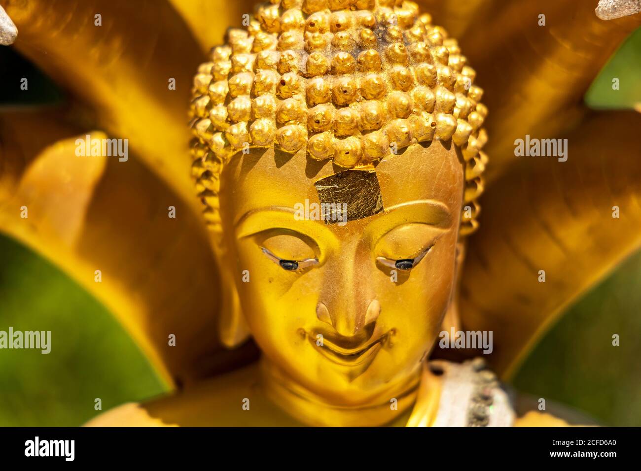 Nahaufnahme der goldenen Buddha Statue im oberen Teil des Wat Koh Phayam Tempels, Koh Phayam. Thailand Stockfoto