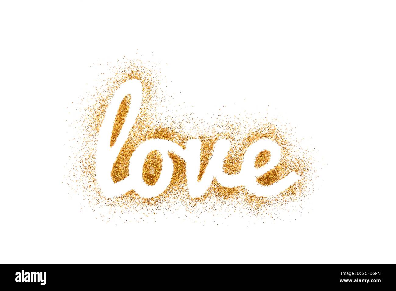 Wort Liebe auf goldenem Glitter isoliert auf weißem Hintergrund Stockfoto
