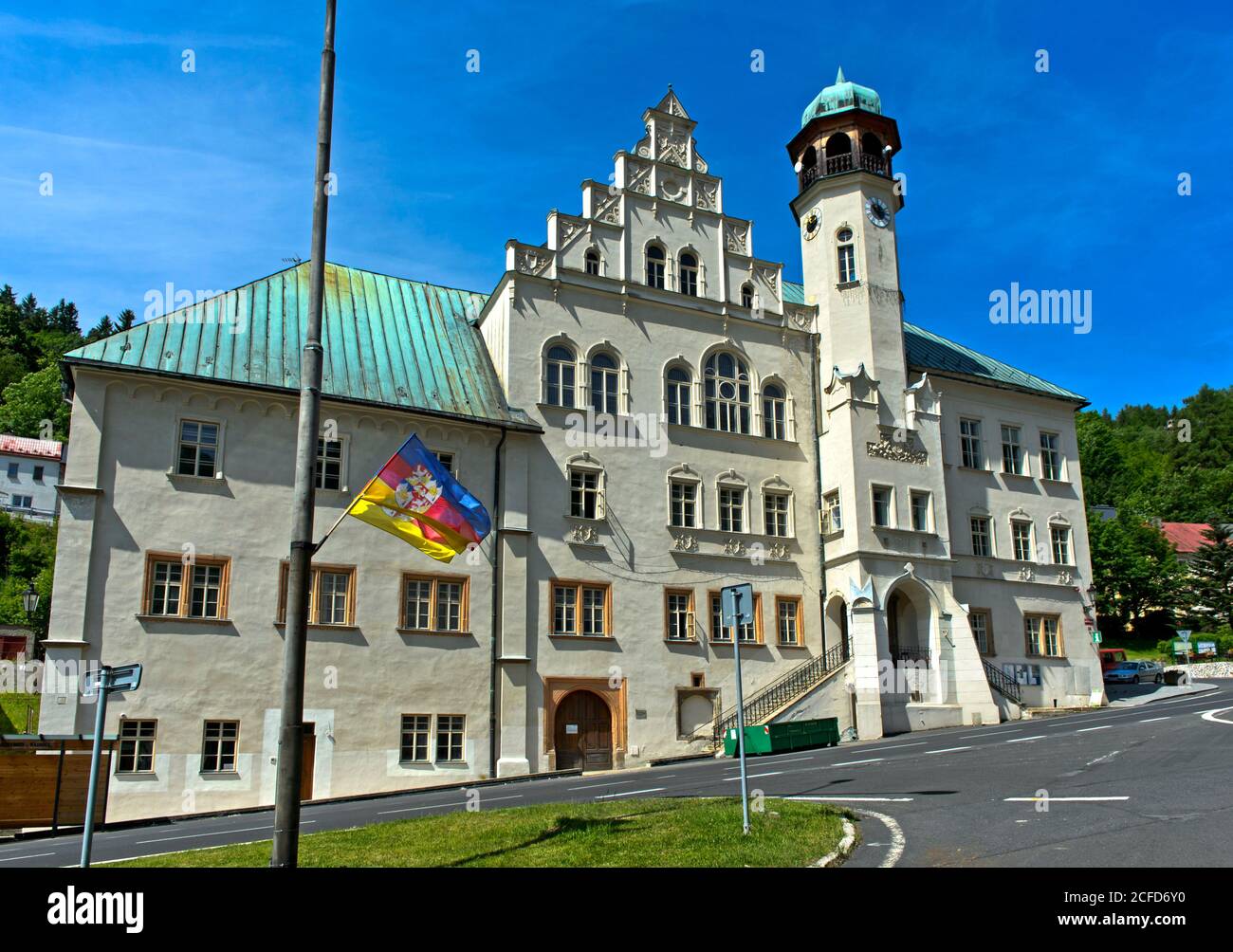 Renaissance-Rathaus, Jachymov, Joachimsthal, Erzgebirge-Krusnohorí Bergbauregion, Böhmen, Tschechische Republik Stockfoto