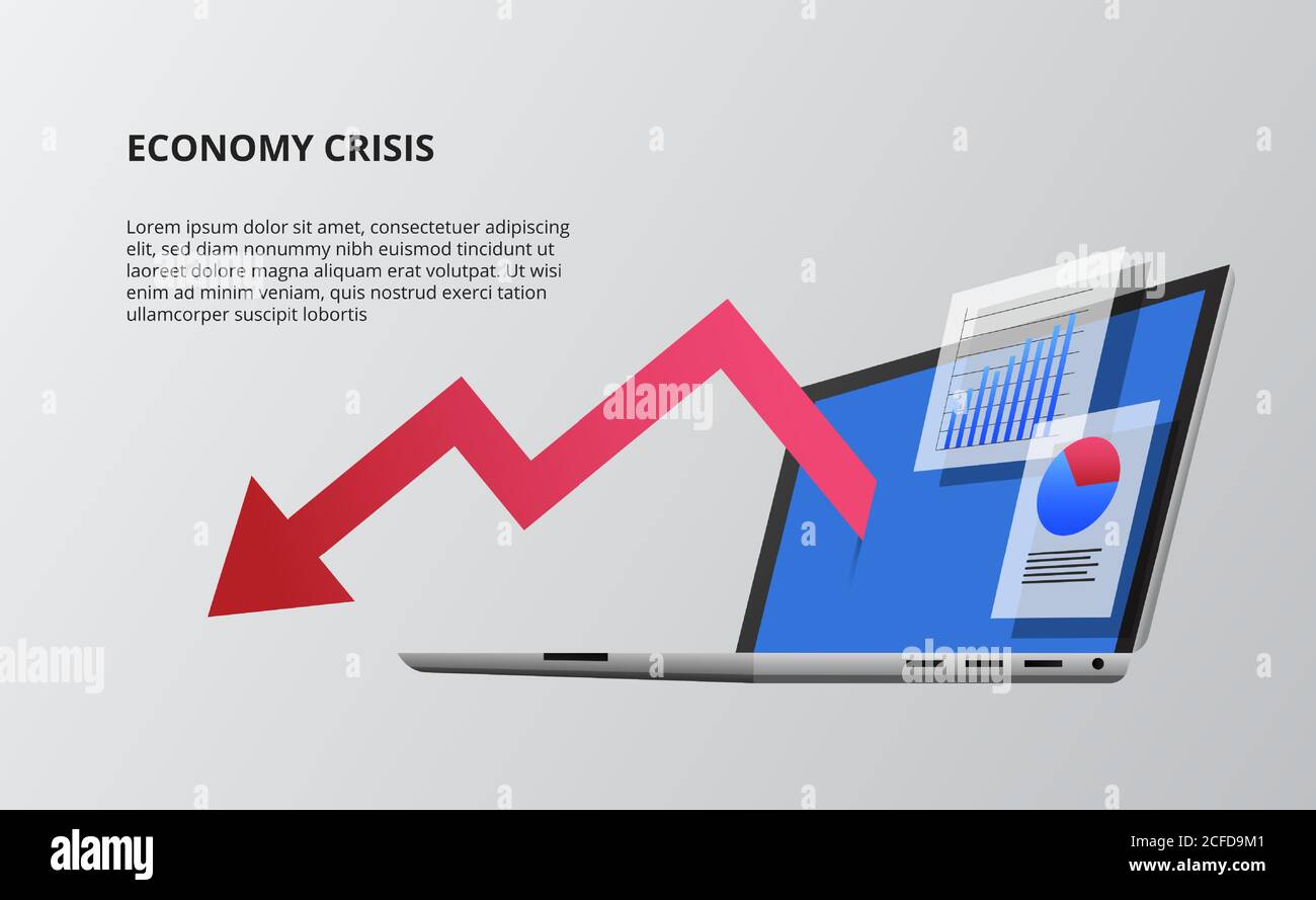 Bärisch nach unten Wirtschaft mit roten Pfeil und Gerät öffnen Laptop 3D Perspektive isometrisch. Daten Infografik Datenvisualisierung mit Diagramm und Statistiken. Stock Vektor