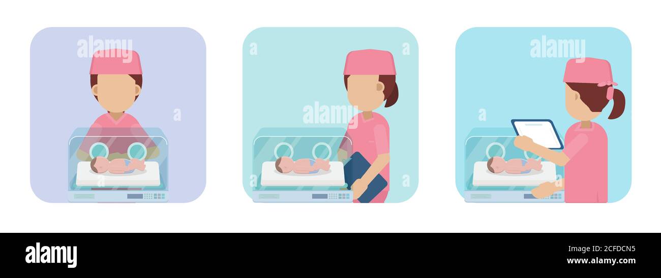 Krankenschwester mit neugeborenem Baby in Inkubator flach Design Vektor Illustration Stock Vektor