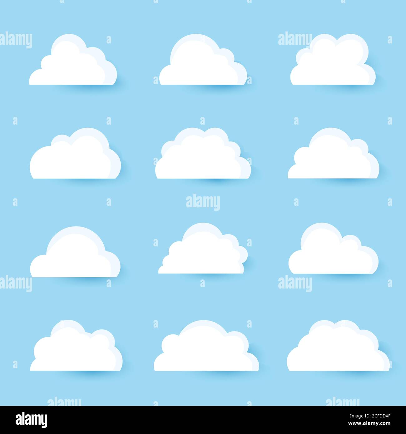 Icon Wolken schweben auf dem blauen Himmel. Es gibt 12 einzigartige Stile. Flaches Cartoon-Papier, weiß und weich. Stock Vektor