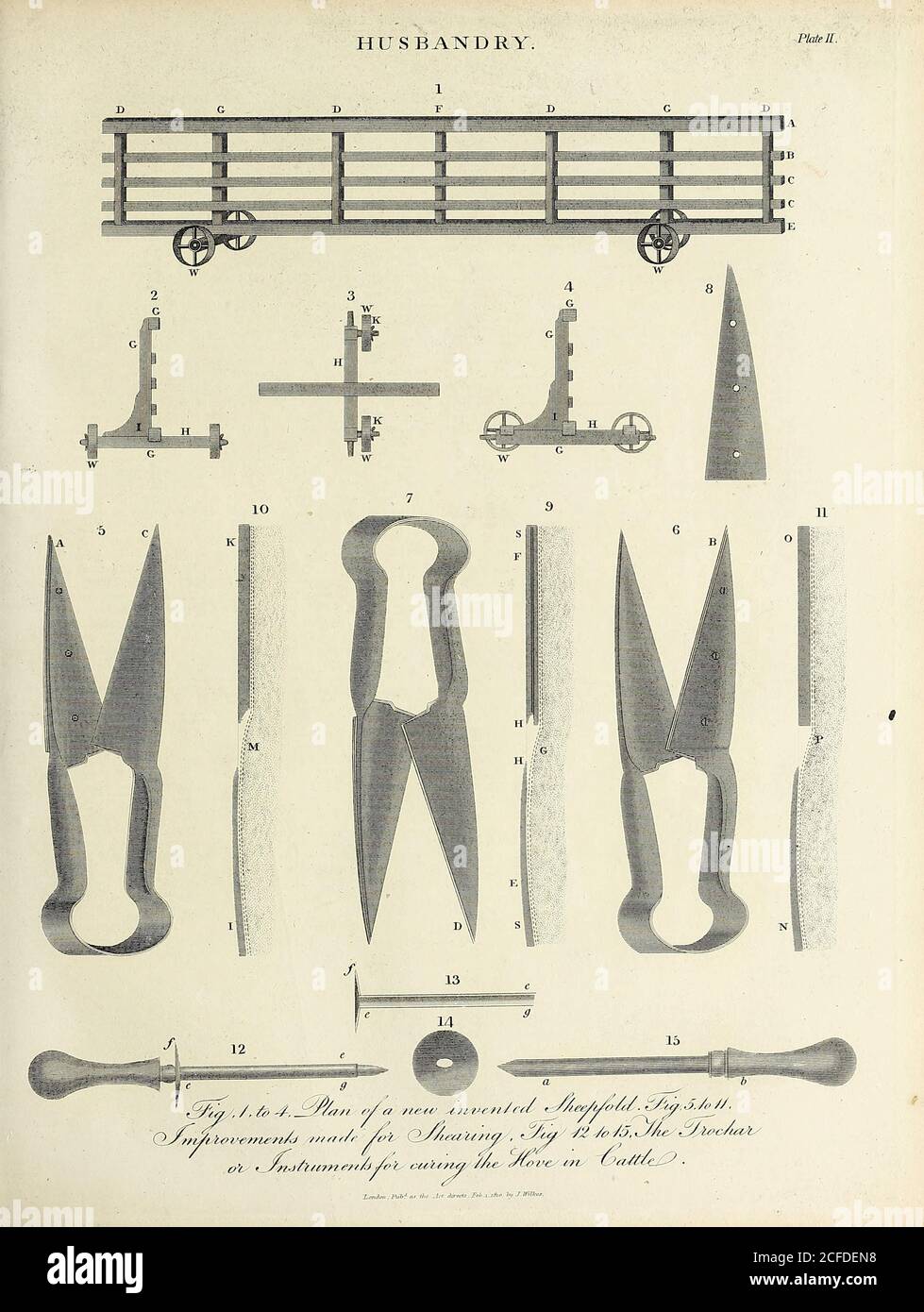 Husbandry Schafe scheren Kupferstich aus der Encyclopaedia Londinensis oder, Universal Wörterbuch der Künste, Wissenschaften und Literatur; Band X; herausgegeben von Wilkes, John. Veröffentlicht 1811 in London Stockfoto