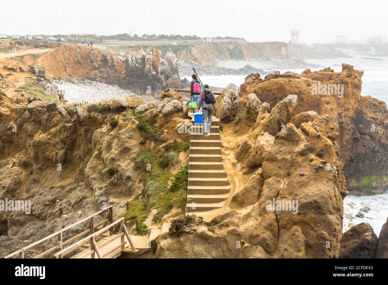Felsformationen 'Papoa' auf Peniche Halbinsel im leichten Nebel, Peniche, Portugal Stockfoto
