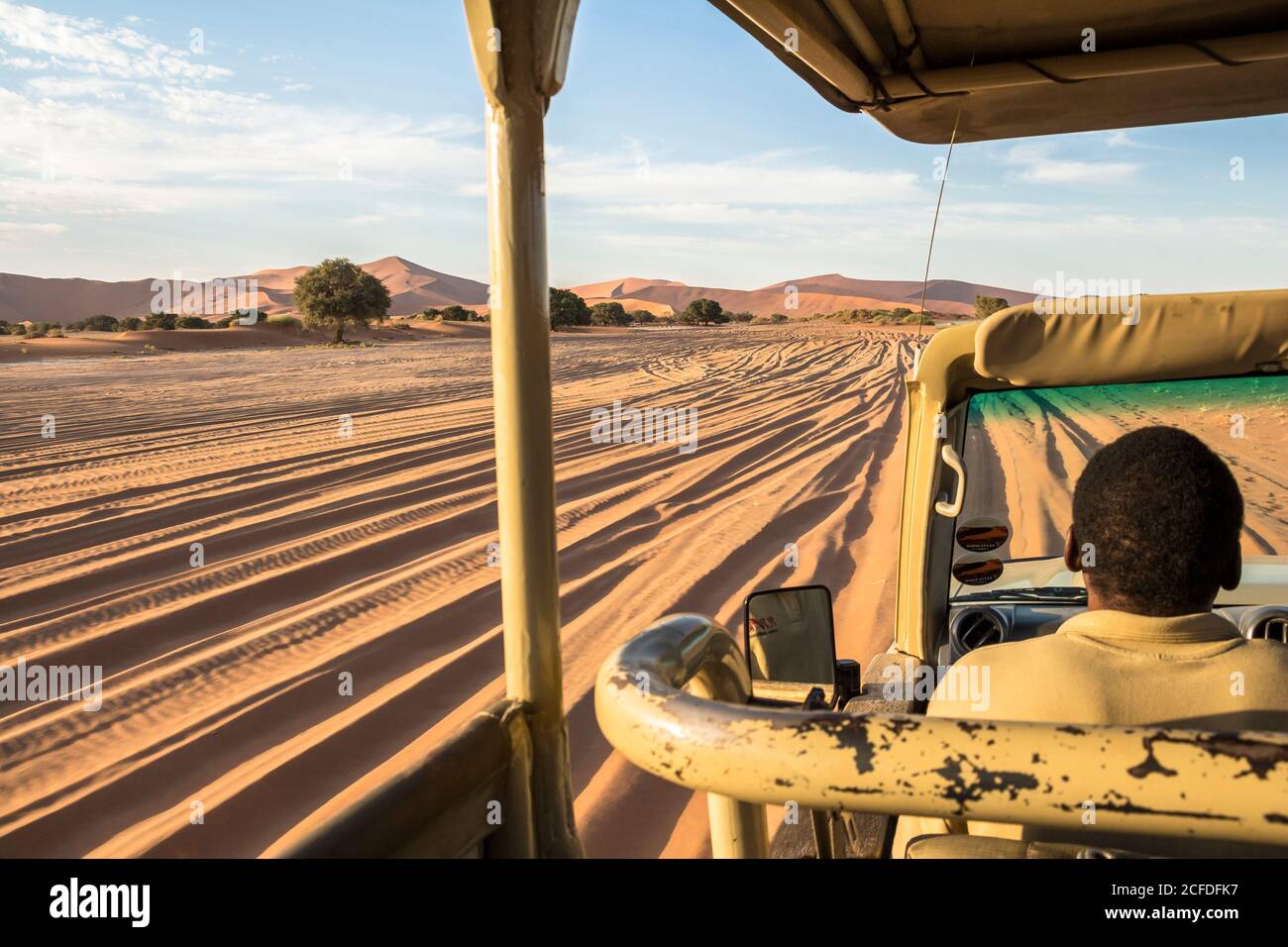 Fahren Sie über 4x4 Sandweg zur Big Daddy Dune in Sossusvlei im Morgenlicht, Sesriem, Namibia Stockfoto