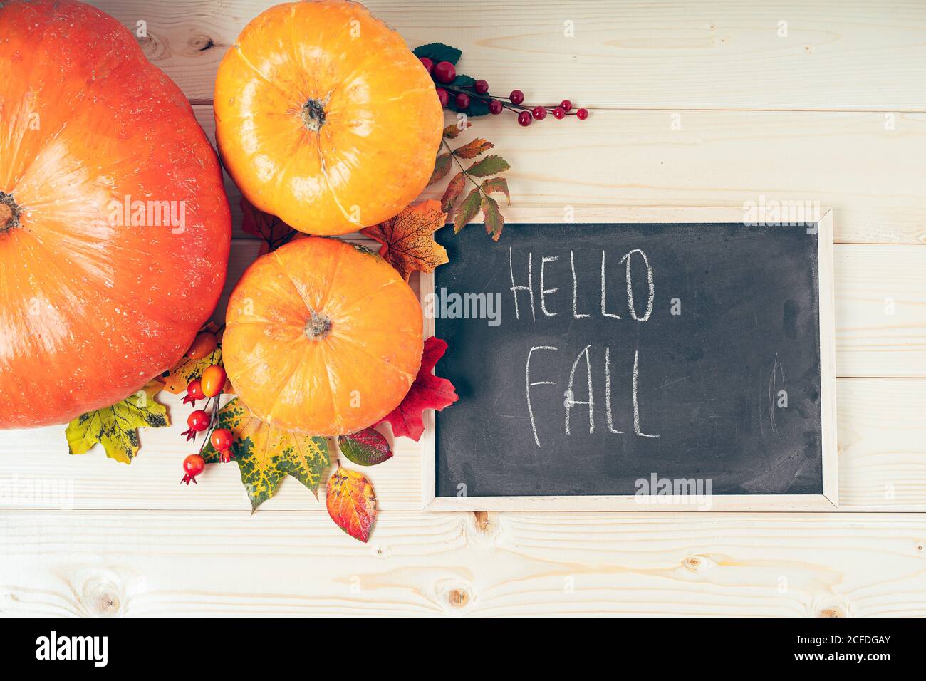 Hallo Fall. Kürbisse, Beeren und gefallene Blätter mit Kreidetafelrahmen auf Holzhintergrund. Halloween, Thanksgiving oder saisonal herbstlich. Fl Stockfoto