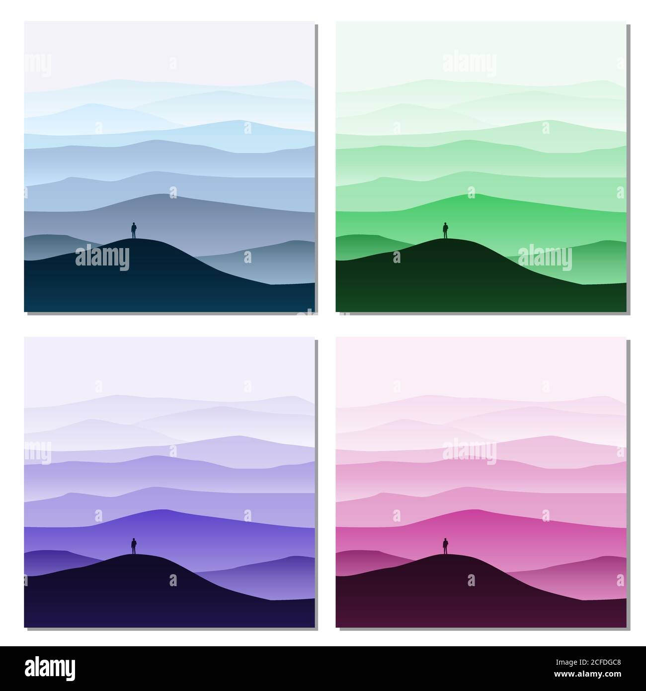 Set von minimalistischen Berglandschaft, Silhouetten, öffnen Sie Ihre Welt, einsame Forscher, Horizont, Perspektive, Vektor, Illustration, isoliert Stock Vektor