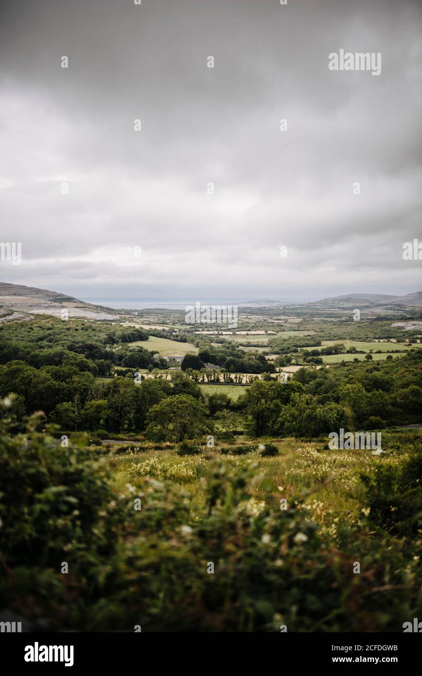 Blick über die grüne irische Landschaft, County Clare, Irland Stockfoto