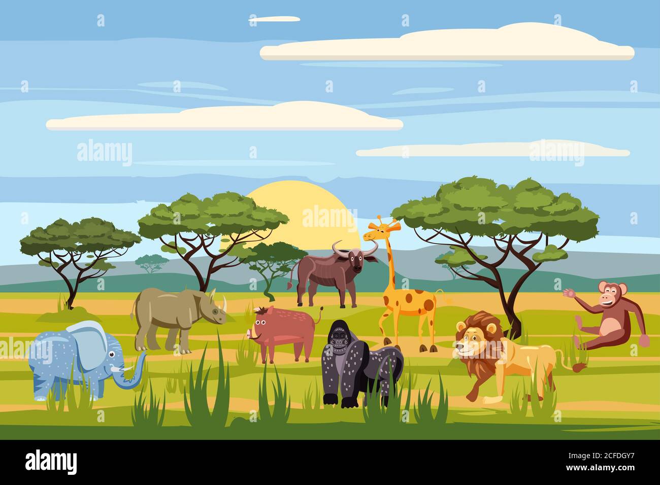 Set von Cartoon afrikanische Tiere, Hintergrundlandschaften Savanne. Safari Tiere, Nilpferd, Nashorn, Elefant, Giraffe, Löwe, Affe, Büffel Stock Vektor