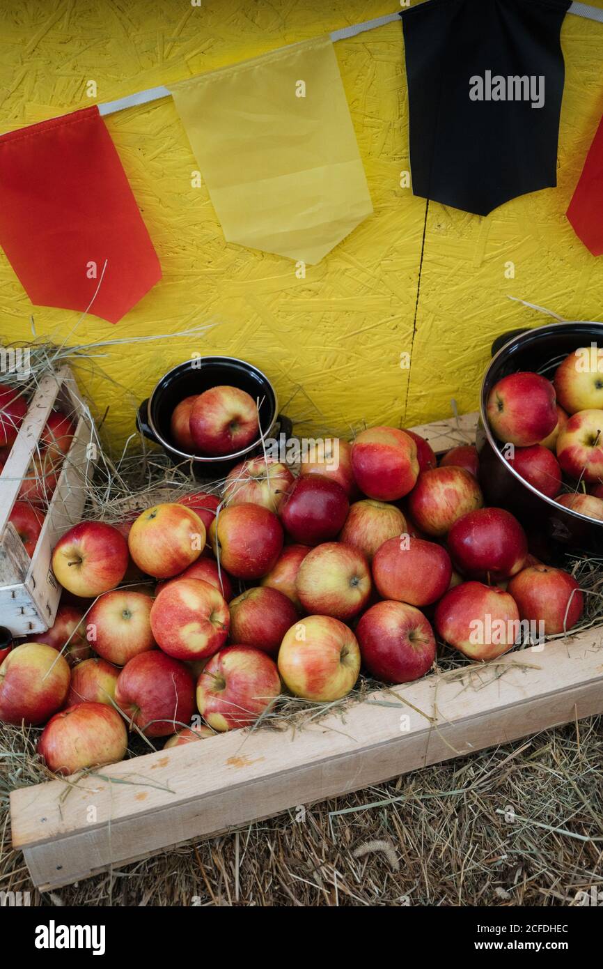 Von oben von reifen Äpfeln in Kisten und Eimern in Marktstand Stockfoto