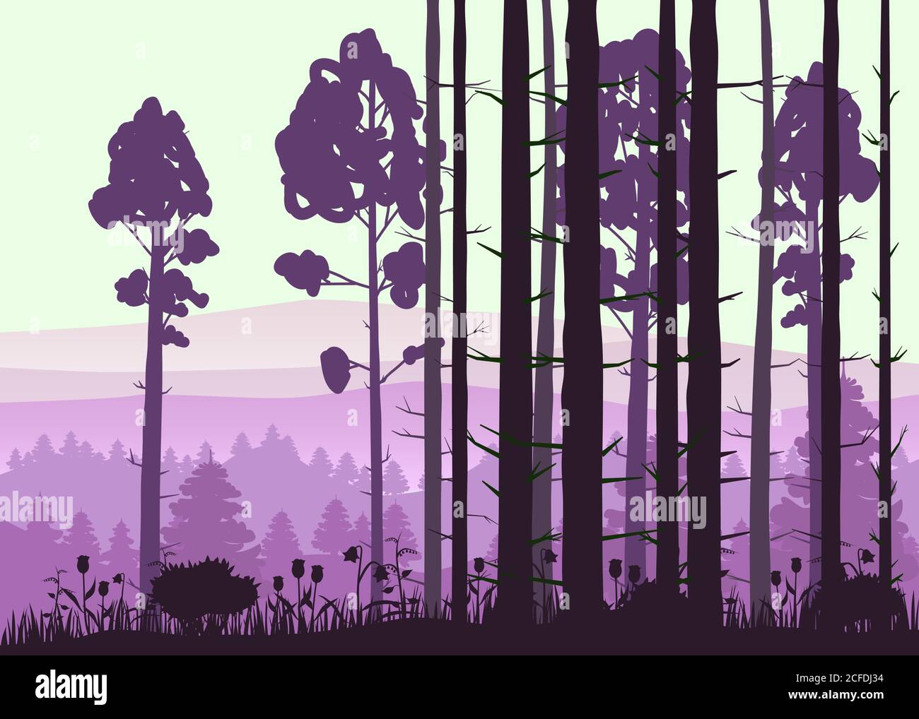 Wald Landschaft minimalistische Illustration. Kiefern Bäume Silhouetten. Naturszene. Realistischer Farbhintergrund mit Silhouetten, Bäumen, Kiefer, Tanne Stock Vektor