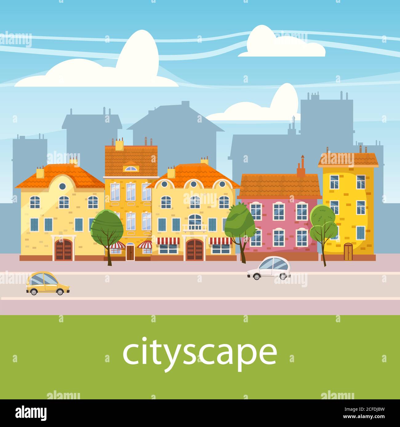 Nette Stadtlandschaft, schöne Häuser, Cartoon-Stil, isoliert, Vektor, Illustration Stock Vektor