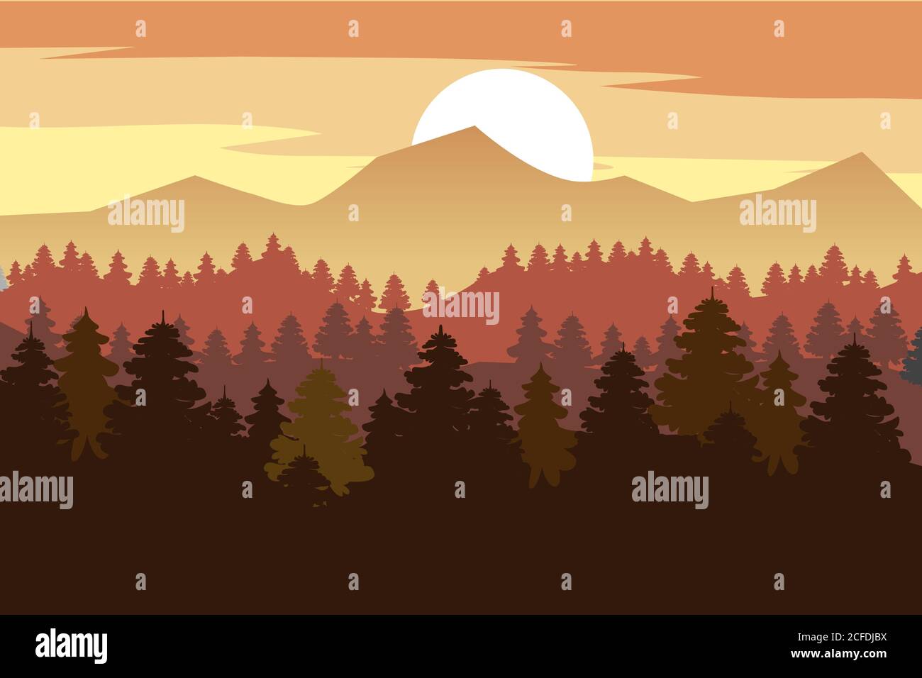 Wald, Berge, Silhouetten von Kiefern, Tannen, Panorama, Horizont, Vektor, Illustration, isoliert Stock Vektor