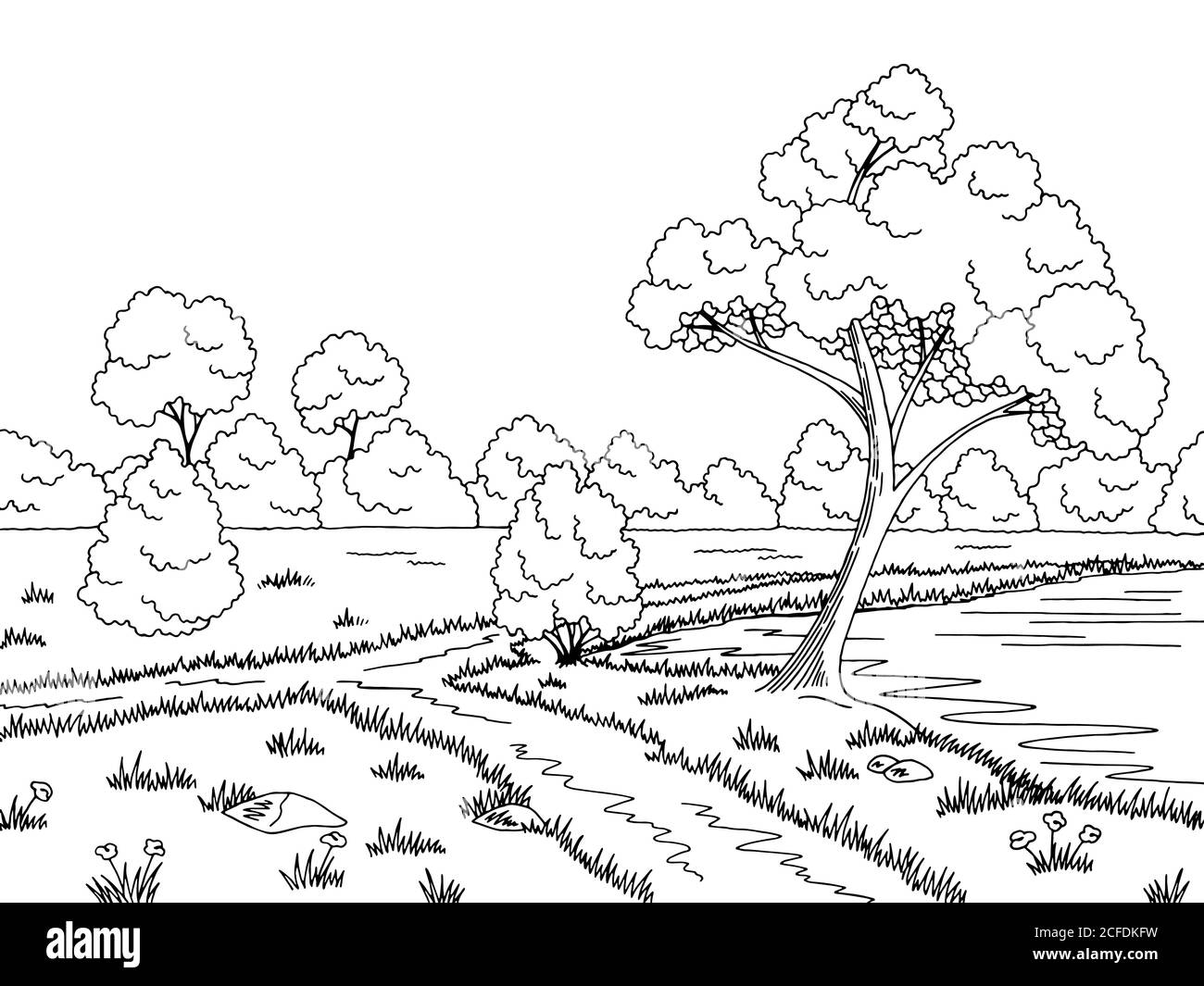 See Baum Grafik schwarz weiß Landschaft Skizze Illustration Vektor Stock Vektor