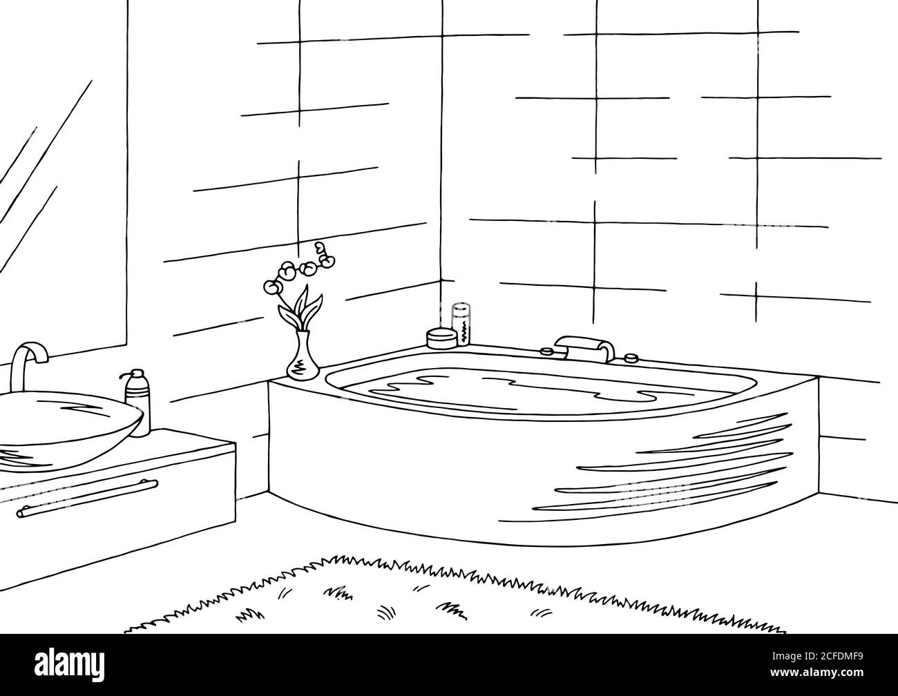 Badezimmer Grafik Innenraum schwarz weiß Skizze Illustration Vektor Stock Vektor