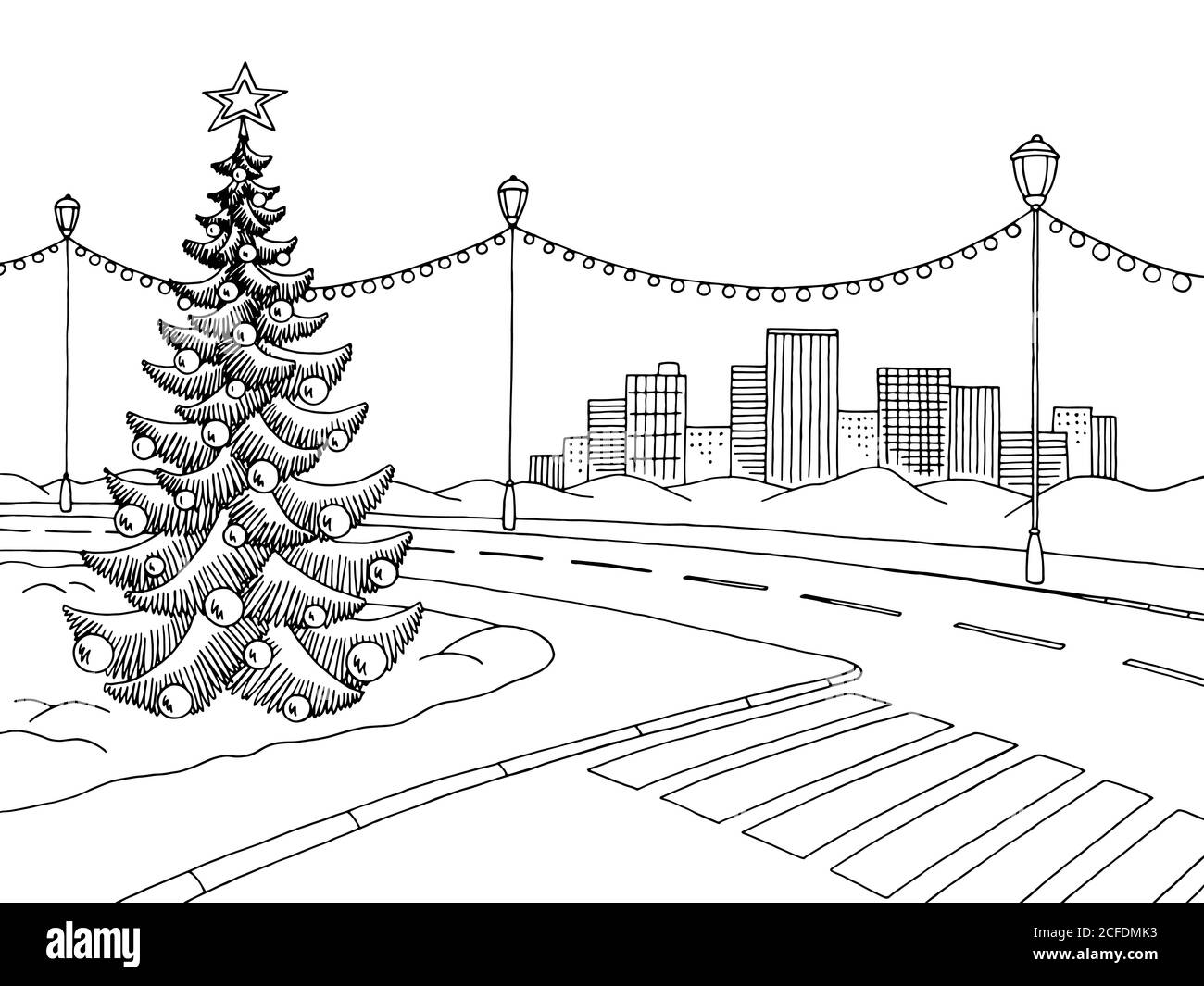 Winter Straßengrafik schwarz weiß Landschaft Skizze Illustration Vektor Stock Vektor