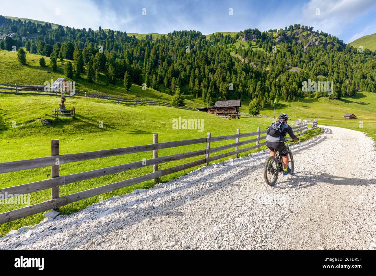Radler mit einem Elektro-Mountainbike (E-Bike) in Duron-Tal, Fassatal, Campitello di Fassa, Trient, Dolomiten, Italien Stockfoto