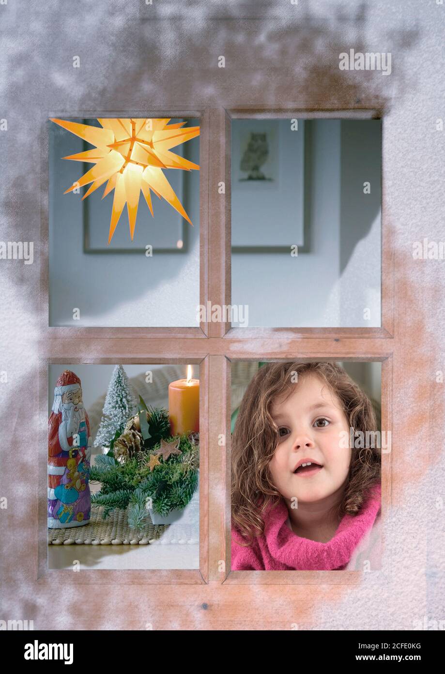 Fenster, Schnee, Kind, Advent, weihnachten, weihnachtsdekoration Stockfoto