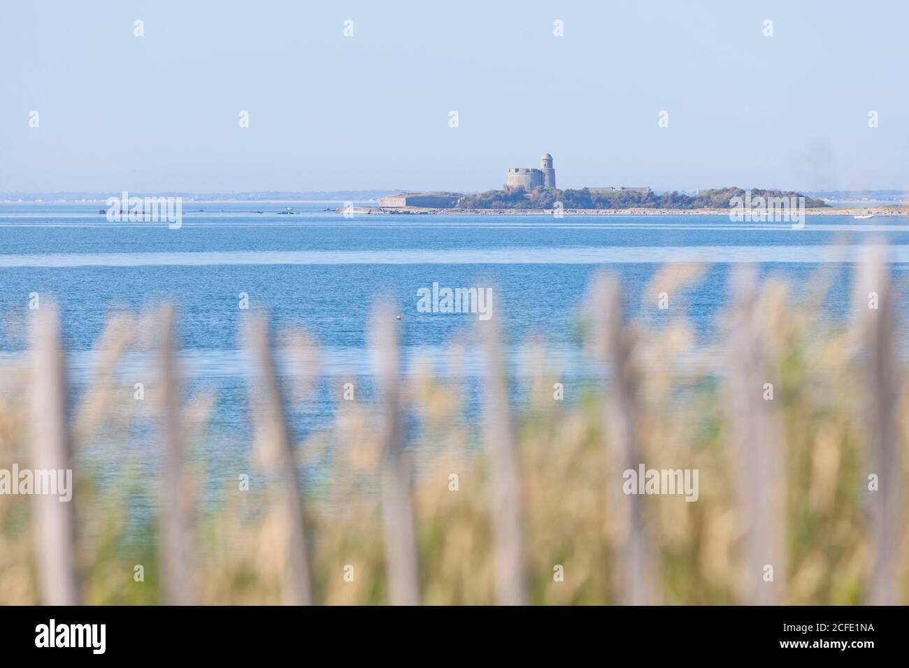 Die Insel Ile Tatihou gehört zur Gemeinde Saint-Vaast-la-Hougue in der Normandie. Baie de seine. Auf der Spitze steht ein Vauban Turm von der Stockfoto